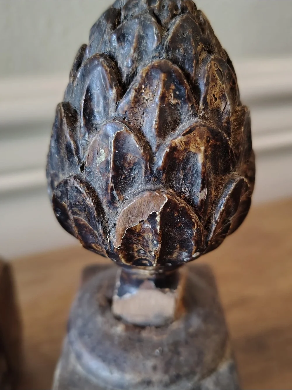 Antique Wood Staircase Finials Pair Carved Artichoke Newel Post Caps Salvage
